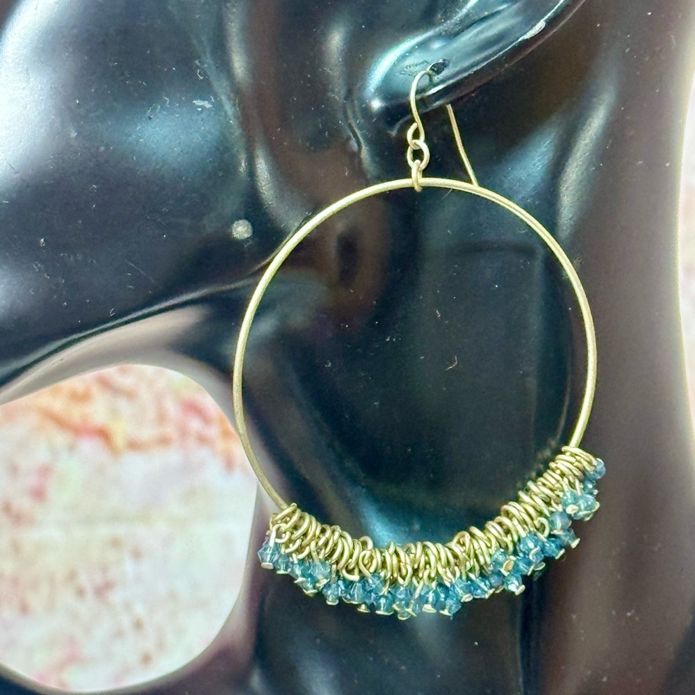 NWOT Gold Hoop Earrings with Blue Crystal Accents